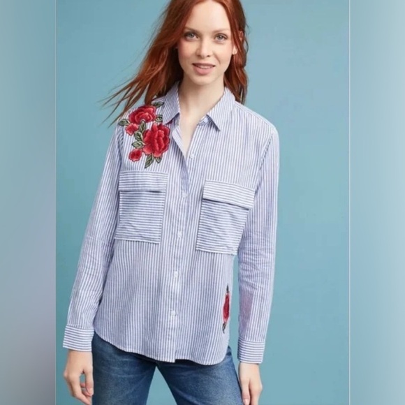 RAILS Revolve Frances Banker Stripe With Floral Patches MED Button Down Oxford - Picture 1 of 16